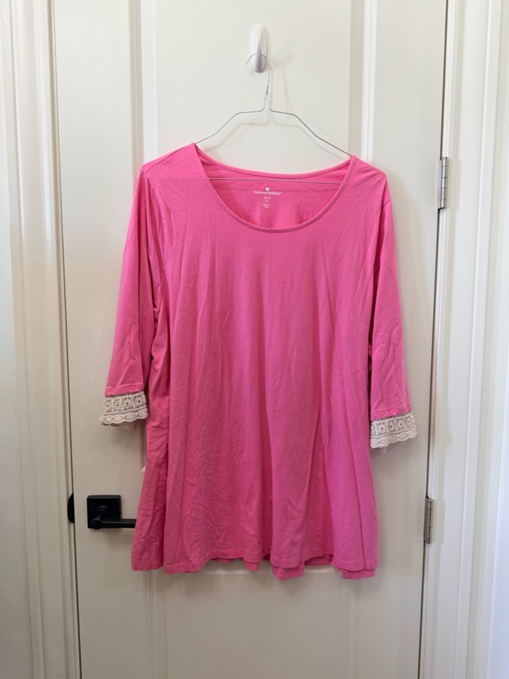 Woman Within Pink Scoop Neck Top with Crochet Cuffs